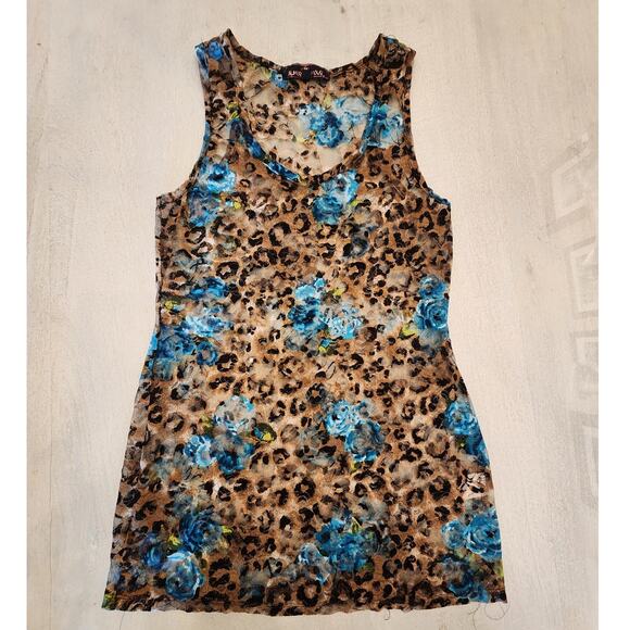 Almost Famous Women's Sheer Lace Leopard Rose Tank Top SZ Large - Picture 1 of 7